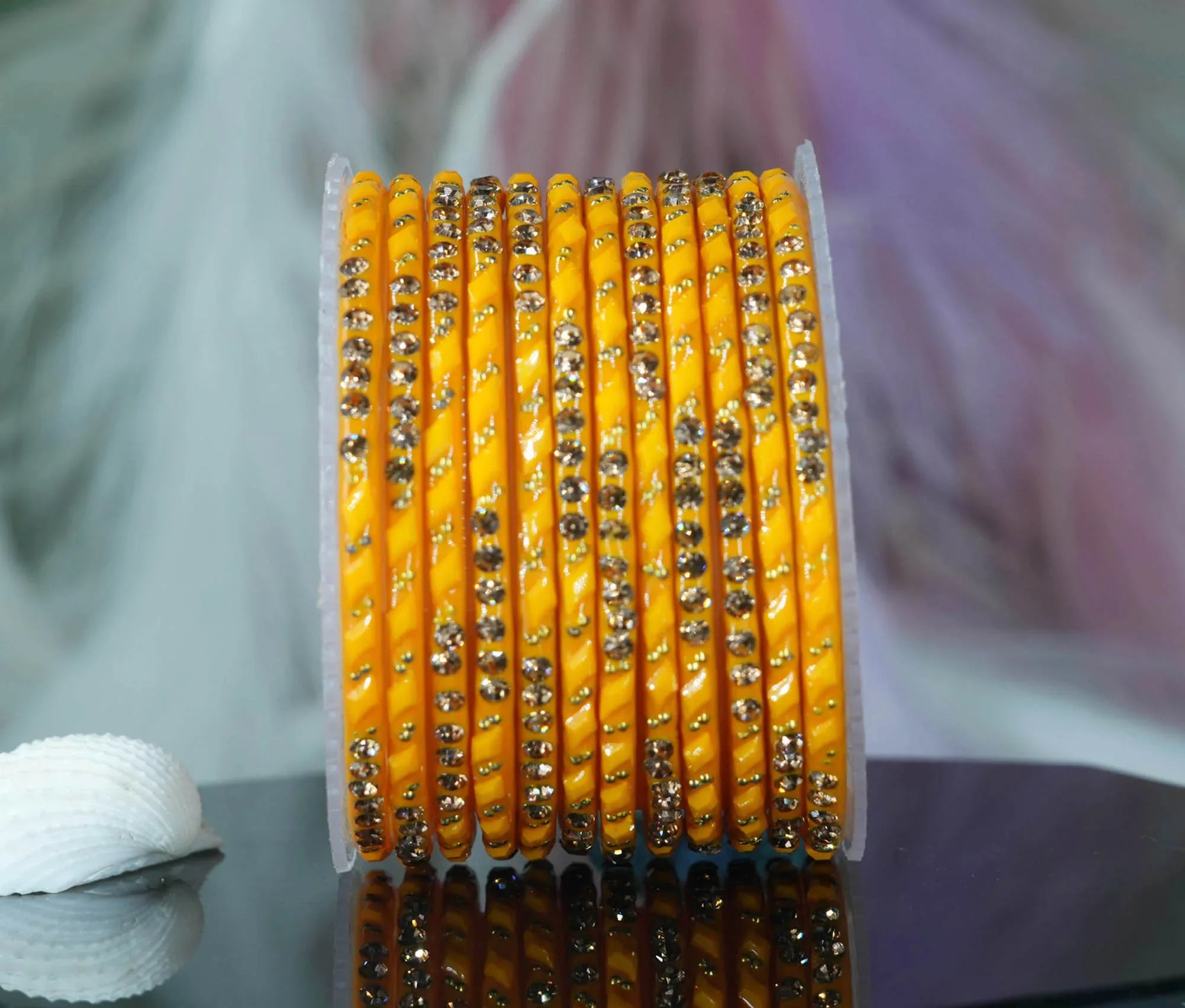 Glass Bangles with Gold Pearl Beads Studded for Women & Girls (Pack 12 Bangles) - The Golden Cascade